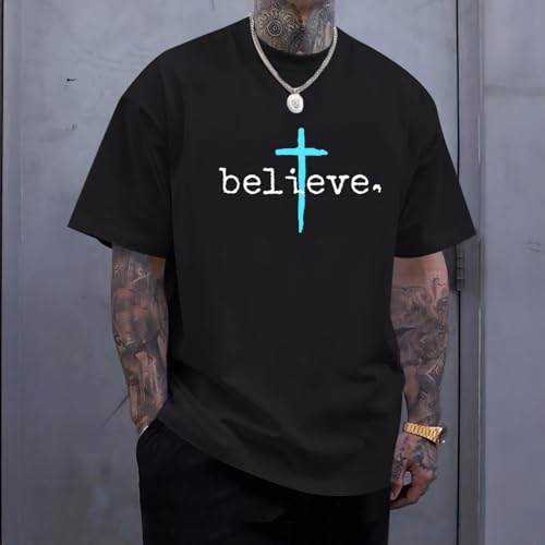 BeWithYou Christian Shirts for Men Vintage Faith Jesus God Tshirt Inspirational Cross Bible Verse Shirt Oversized Graphic Tee - color: Black, size: X-Large