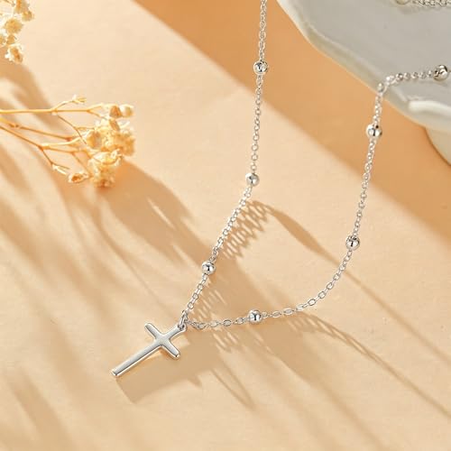 Cross Necklace for Women, Dainty 14K Gold Plated Cross Pendant Simple Long Necklaces for Women, Christian Faith Necklace Trendy Gold Jewelry Gifts for Easter - color: silver bead cross necklace