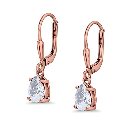 Teardrop Bridal Dangling Leverback Earrings Pear Cubic Zirconia 925 Sterling Silver - color: Rose Tone, Simulated Cubic Zirconia