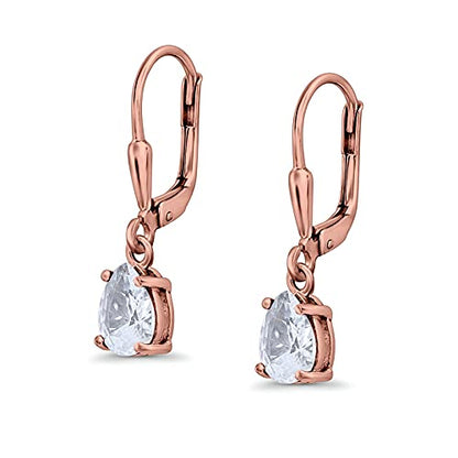 Teardrop Bridal Dangling Leverback Earrings Pear Cubic Zirconia 925 Sterling Silver - color: Rose Tone, Simulated Cubic Zirconia