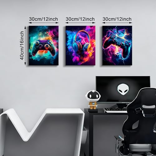 WENGTIAO 3Pcs Neon Gamepad Headphones Canvas Wall Art Prints 12"x16" - color: Cool Game Controller, size: 12"x16"x3Pcs