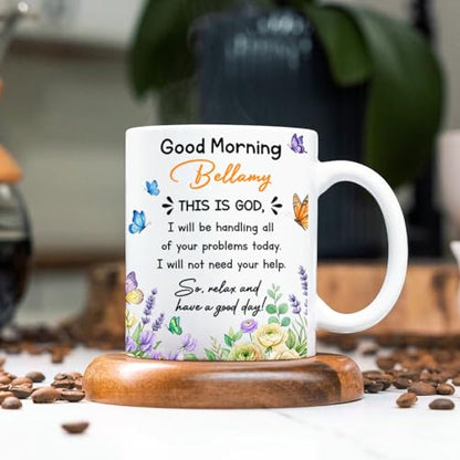 BigTees Customized Jesus God Bible Verse Coffee Mug with Name, Good Morning This is God White Cup 11oz, Personalized Christian Religious Accent Ceramic Cup, Christian Florals Mug Gift for Men Women