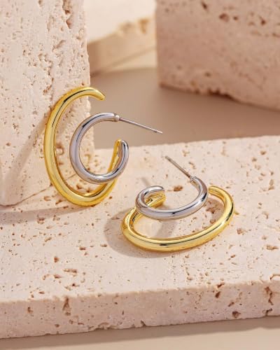 Two Tone Gold Silver Hoop Earrings Mixed Metal Open C Hoop Earrings - color: Double Hoop