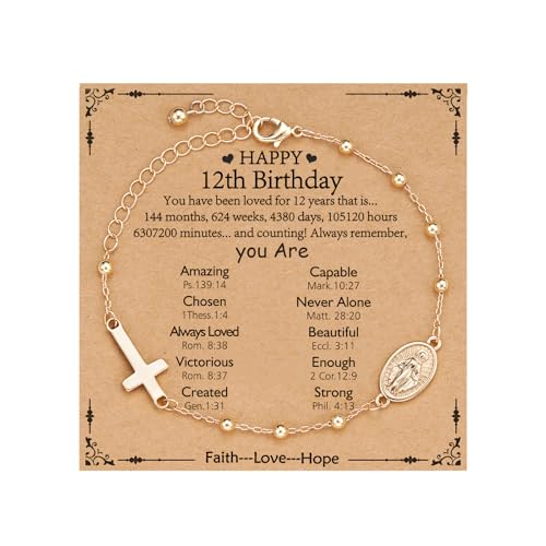 Gnamy Happy 13th 15th 16th 21th 30th 40th 50th Birthday Bracelet Gifts for Women Girls, 14k Gold Plated Virgin Mary Cross Bracelet Catholic Religious Friendship Jewelry for Her - style: 12th Birthday