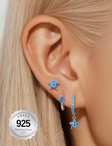 Angelady Gold Hoop Earrings Set for Women, Dainty 14K Gold Plated Flower Moon Cross Dangle Earrings, Hypoallergenic Huggie Hoop Earring Stacks, Stud Earrings for Women Trendy Jewelry Gift - color: Silver Blue CZ