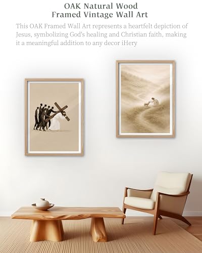 iHery 12x16in Jesus Carrying the Cross Framed Christian Wall Art - color: OAK Framed Cross, size: 16"L x 12"W