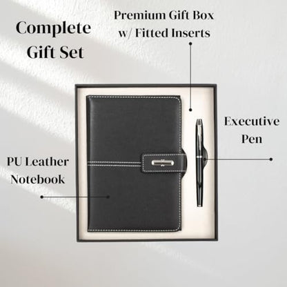 Shadow Breeze A5 Leather Notebook and Executive Pen Gift Set in Premium Gift Box, 172 Pages 100GSM Ruled Pages, Great Gift for Business, School, Home (Black) - color: Black