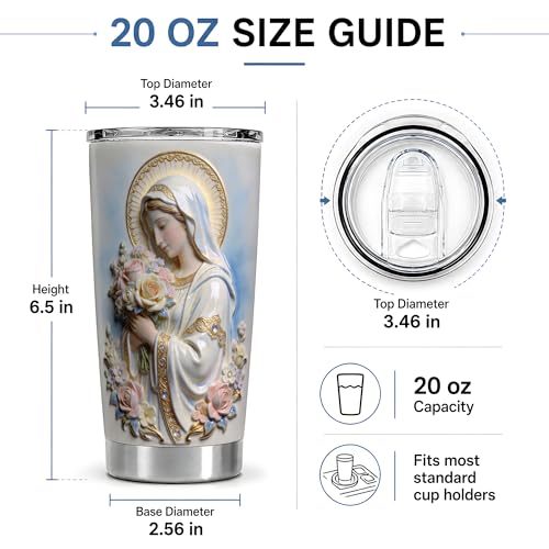 Virgin Mary Floral Bouquet Art 20oz Tumbler, Virgin Mary Tumbler for Daily Drinkware, Blue Halo Statue Illustration, Catholic Devotional Cup, Religious Design for Women Men Church Use - color: Virgin Mary 4
