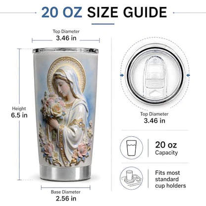 Virgin Mary Floral Bouquet Art 20oz Tumbler, Virgin Mary Tumbler for Daily Drinkware, Blue Halo Statue Illustration, Catholic Devotional Cup, Religious Design for Women Men Church Use - color: Virgin Mary 4
