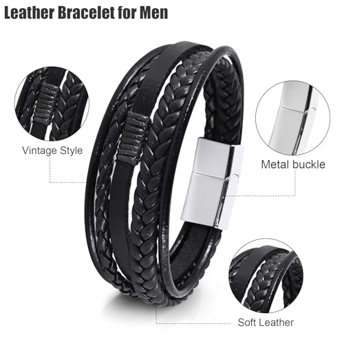 Leather Bracelet for Men Braided Stainless Steel Mens Bracelets - color: Black-SilverBuckle
