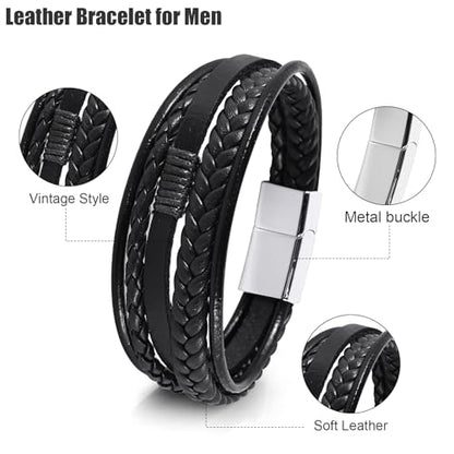 Leather Bracelet for Men Braided Stainless Steel Mens Bracelets - color: Black-SilverBuckle