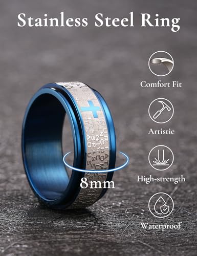 King Will 8mm Black/Gold/Silver Prayer Stainless Steel Ring - color: Blue-Silver
