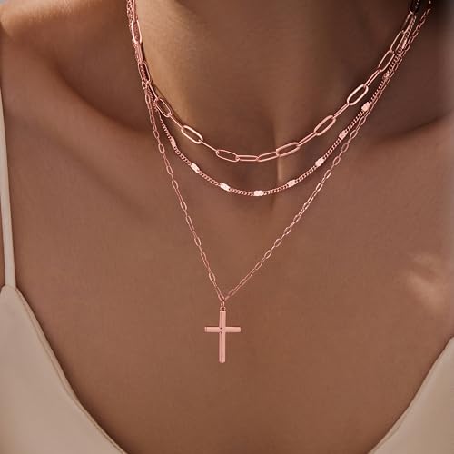 Poxtex Layered Gold Necklaces for Women, Stackable Dainty 14K Gold Silver Plated Trendy Simple Heart Diamond Cross Bow Circle Pendant Paperclip Choker Dot Chain Necklace,Jewelry Set Gifts for Women - color: Rose Gold, style: Cross1