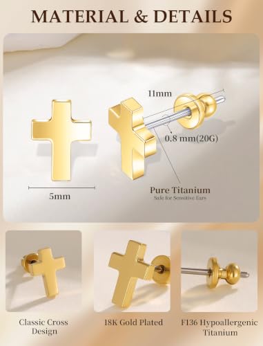 Limerencia Titanium Stud Earrings, Cross Earrings for Sensitive Ears - color: Gold +Butterfly Back