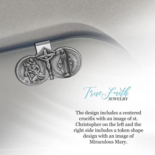 True Faith Jewelry Pewter Jesus Crucifix, Miraculous Mary and St Christopher Visor Clip for Car, Patron Saint of Travelers, Gift for New Driver, Fine Pewter (92% Tin), 1-3/8 x 2-3/8 Inch - size: Crucifix 1