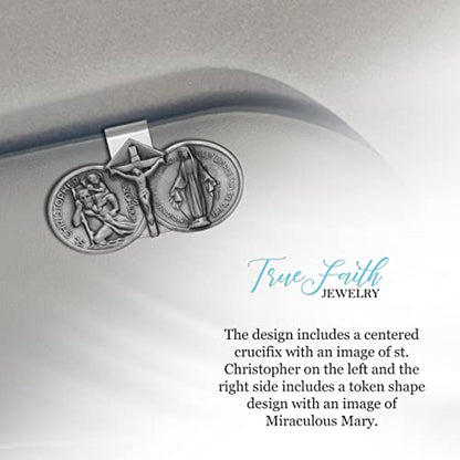True Faith Jewelry Pewter Jesus Crucifix, Miraculous Mary and St Christopher Visor Clip for Car, Patron Saint of Travelers, Gift for New Driver, Fine Pewter (92% Tin), 1-3/8 x 2-3/8 Inch - size: Crucifix 1