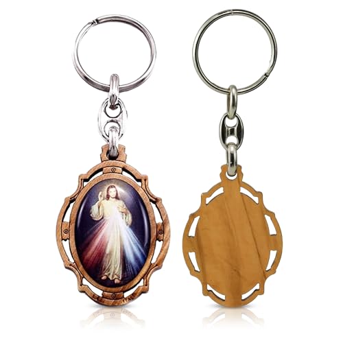 RosaryMart Olive Wood Religious Keychain for Men and Women | Catholic Keychain | Car KeyRing | Party Favors Key Holder - color: C-divine Mercy