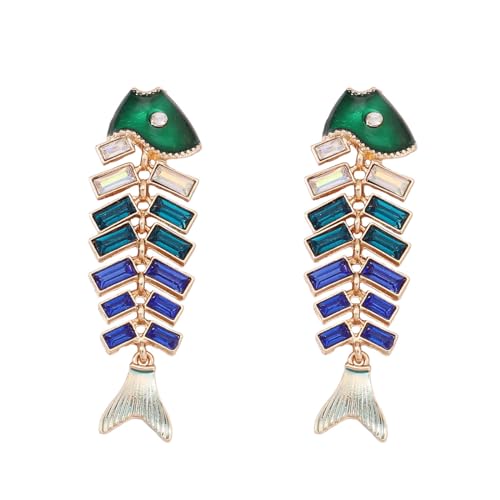 Fish Bone Earrings Drip Oil Animal Earrings Colorful Crystal Sparkly Enamel Earrings Creative Long Fishbone Earstud Dangle Fish Drop Earrings Jewelry for Women - color: Blue