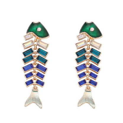 Fish Bone Earrings Drip Oil Animal Earrings Colorful Crystal Sparkly Enamel Earrings Creative Long Fishbone Earstud Dangle Fish Drop Earrings Jewelry for Women - color: Blue