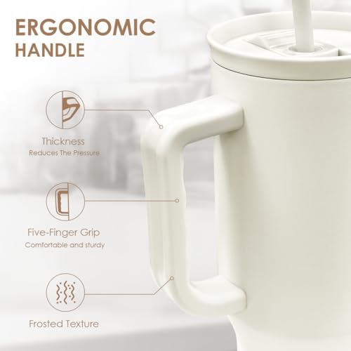 SANDJEST Ivory 40oz Tumbler with Handle and Straw, Insulated Stainless Steel Travel Coffee Mug for Women Girls, Gift Idea for Birthday Christmas Mothers Day - color: Beige