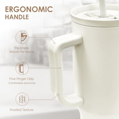 SANDJEST Ivory 40oz Tumbler with Handle and Straw, Insulated Stainless Steel Travel Coffee Mug for Women Girls, Gift Idea for Birthday Christmas Mothers Day - color: Beige