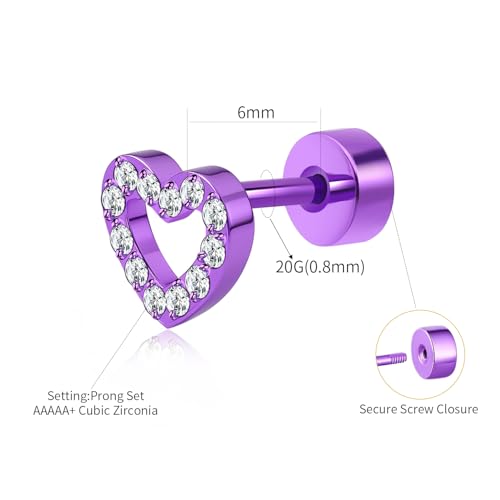 XUU 20G Flat Back Stud Earrings ASTM F136 Titanium & Sparkling CZ - color: purple heart