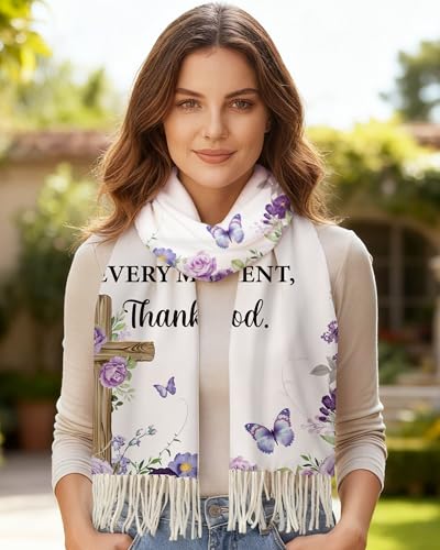 Bozidol Prayer Shawl for Women Christian Floral Cross Bible Verse Scarf Clothes for Christmas Mothers Day Birthday Gifts - color: Purple