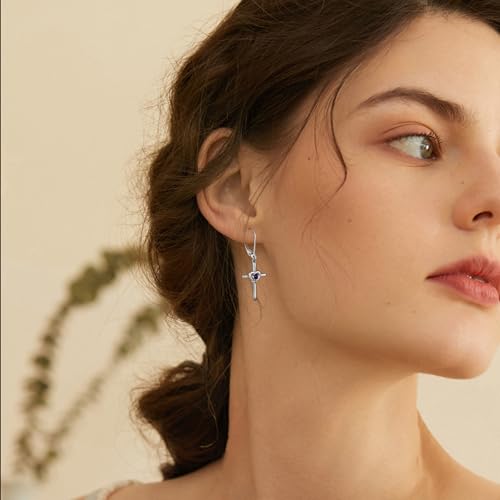 Cross Earrings 925 Sterling Silver Opal Crucifix Dangle Drop Earring Heart Birthstone Religious Jewelry for Women - color: 02-amethyst-Feb