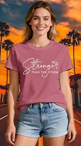 Christian Shirts for Women Stronger Than the Storm T-Shirt Bible Verse Inspirational Tee Tops - color: Pink, size: Large