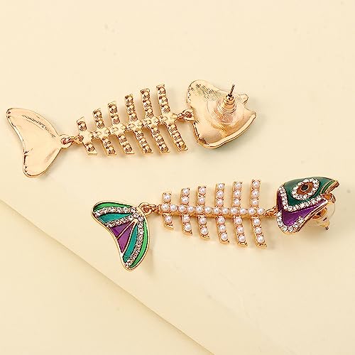 Fish Bone Earrings Drip Oil Animal Earrings Colorful Crystal Sparkly Enamel Earrings Creative Long Fishbone Earstud Dangle Fish Drop Earrings Jewelry for Women - color: Pearl