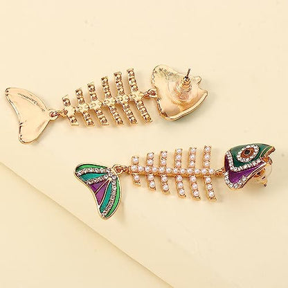 Fish Bone Earrings Drip Oil Animal Earrings Colorful Crystal Sparkly Enamel Earrings Creative Long Fishbone Earstud Dangle Fish Drop Earrings Jewelry for Women - color: Pearl
