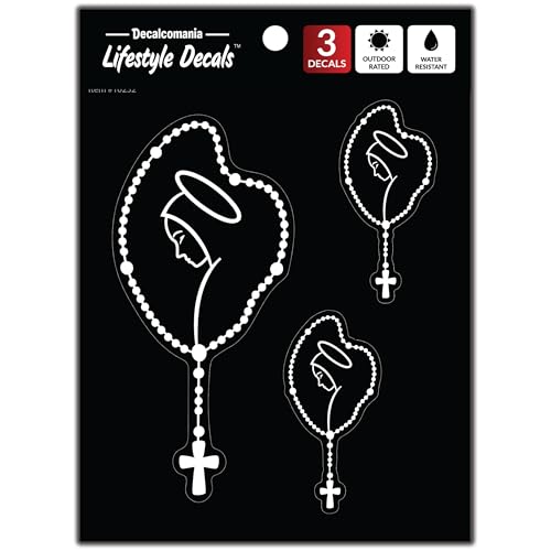 Mary Rosary Decals for Car Truck Tablet Tumbler Cell Phone - Set of 3 Christian Stickers for Cars Stickers - Religious Holy Rosary Sticker Decal - Black & White Rosary Christian Decal - style: Mary Rosary