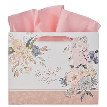 Christian Art Gifts Large White Gift Bag with Tissue, Be Still & Know - color: Be Still/White & Pink Multicolor Floral, style: Large Landscape