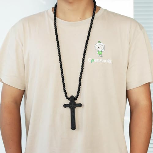 Wooden Cross Necklace For Men Beads Rosary Long Large Natural Wood Jesus Crucifix Cross Pendant Necklace 36inch Chain Religious Christian Prayer Faith Baptism Easter Handmade Jewelry - color: Black