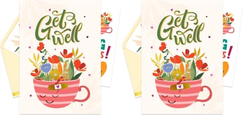 Decorably Pink and Gold Foiled 5x8in Individual Get Well Card with Envelopes and Stickers with Colorful Teacup Floral Design for Loved Ones, with Printed Message, Gifting, Mailing (Pack of 2) - size: 5x8 inches (Pack of 2)
