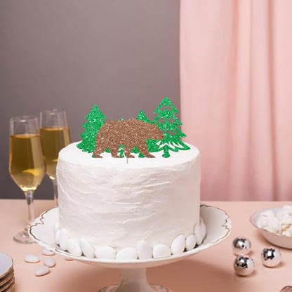 One Camping Bear Cake Topper, Camping Birthday Cake Decor, Green Glitter Lumberjack Cake Topper for Woodland Themed Baby Shower Party Decoration - style: Woodland Bear
