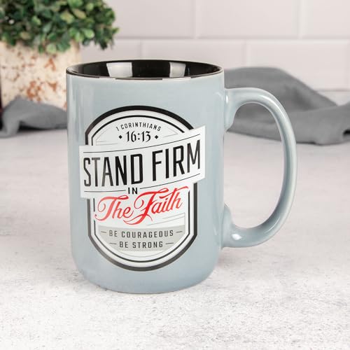 Christian Art Gifts Large Ceramic Inspirational Scripture Coffee & Tea Mug for Men & Women: Stand Firm Encouraging Bible Verse, Microwave & Dishwasher Safe Non-toxic Hot/Cold Cup, Gray & Black, 14 oz. - color: Gray/Stand Firm