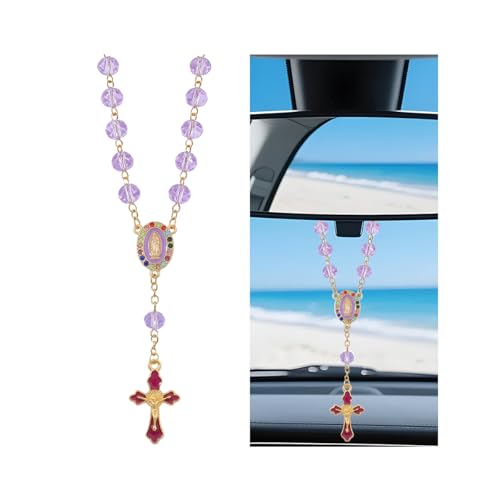 Car Rosary for Rearview Mirror, Pearl Heart Chain Catholic Auto Steering Wheel Rearview Hanging Accessories, Artificial Pearls Vehicle Hanging Rosary Charm Decor, Universal Fit (Purple) - color: Purple