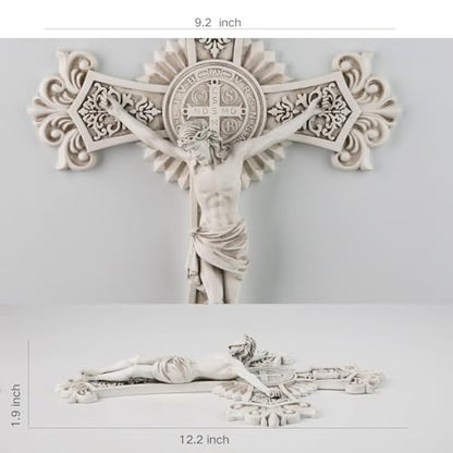 BC Catholic Saint Benedict Crucifix Wall Cross, Jesus Christ Home Decor, Religious Gift, Grey White Finish, 12"H, Hand Painted by Buildclassic - color: Grey White