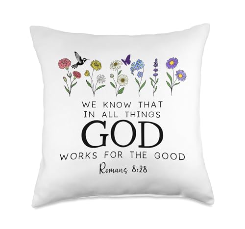 Romans 8:28 Christian Bible Verse We Know God Works for Good Throw Pillow - size: 18x18