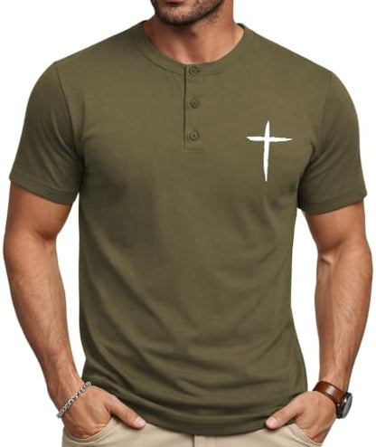 KESIHAN Christian Henley T Shirts for Men Cross Graphic Faith Casual Tee - color: Armygreen-6, size: Medium