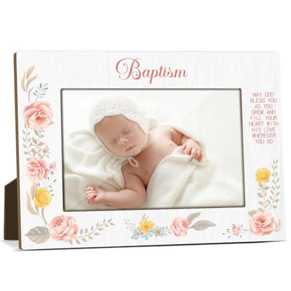 Baby Baptism Picture Frame, Girls Baptism Gifts from Godparents Friends Family, Catholic Baby Gift, Pink Flowers Wooden Picture Frame Fits 4x6 Inch Photo, Home Office Desktop Nightstand Decor -013 - color: Flowers-1