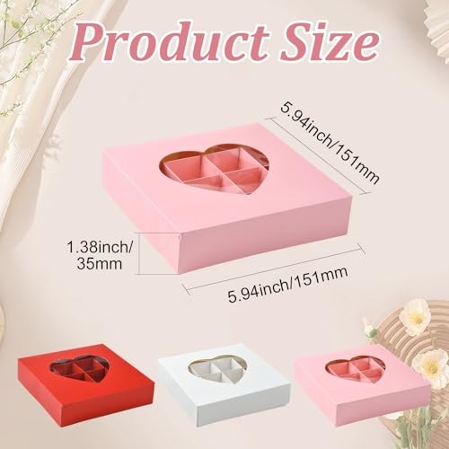 Airssory Chocolate Boxes, Paper Gift Boxes with Heart-Shaped Window, 12 pcs (4 pcs each of Pink, White, Gold), Square 15.1x15.1x3.5 cm, for Truffles, Candies, Favors - color: Chocolate Boxes