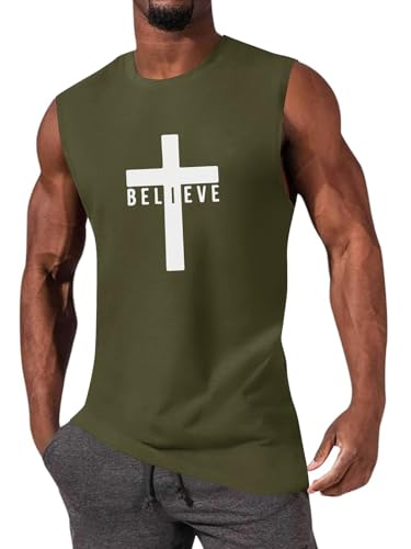 Men's Cotton Graphic Tank Tops Jesus Cross Believe Printed Faith Christian Shirts - color: ##Army Green, size: 3X-Large