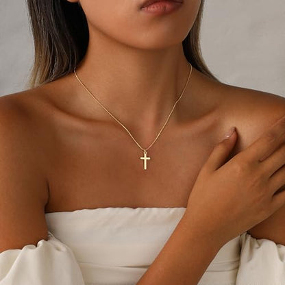 Rotnso Cross Necklace for Women 14K Gold Plated Dainty Small Pendant Choker - style: Thin Box Chain Small Cross-GD