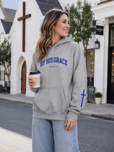 FAYALEQ Christian Sweatshirt By His Grace Letter Print Hoodie Christian Religious Sayings Sweater Bible Pullover Tops - color: Grey, size: Medium