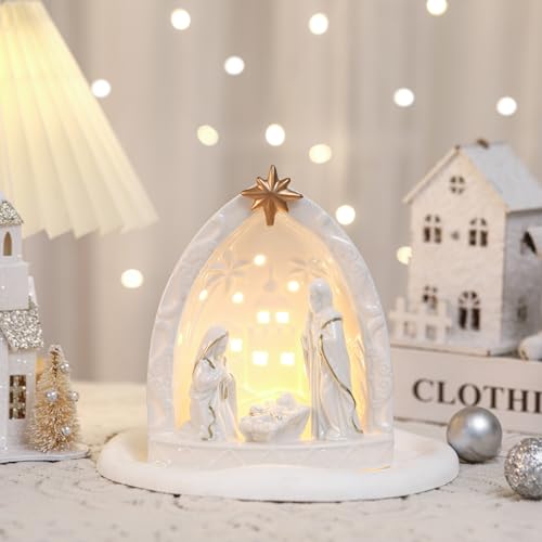 Cindeer Nativity Set for Christmas Indoor,Ceramic Nativity Scene with Light, Porcelain Statue Sculpted Hand Painted Figurine, Holy Family Manger Scene Tabletop Decor Gift(Classic) - style: Classic