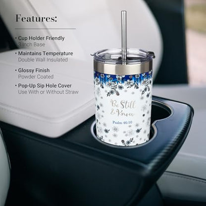 Christian Art Gifts Double Wall Vacuum Insulated Stainless Steel Travel Mug and Straw 18 oz Blue Floral Camp Style Coffee Mug with Lid for Women Laser-engraved- Be Still & Know -Psalm 46:10 - color: White & Blue/Be Still