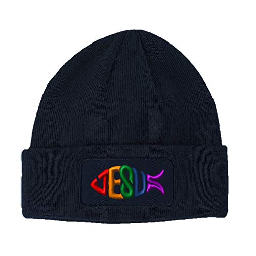 Speedy Pros Patch Beanie Jesus Fish Christian Christ God Skull Cap Hats for Men & Women Winter Acrylic One Size Black - color: Navy