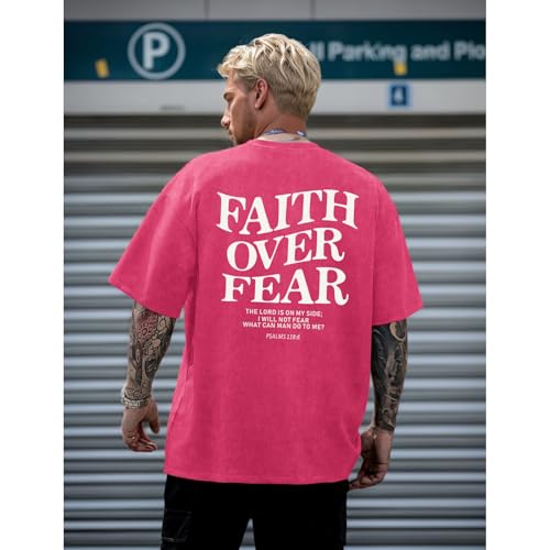 Christian Faith Over Fear Shirt for Men Jesus Religious Shirts Oversized Graphic Tees Acid Wash God T-Shirt - color: Pink, size: Small